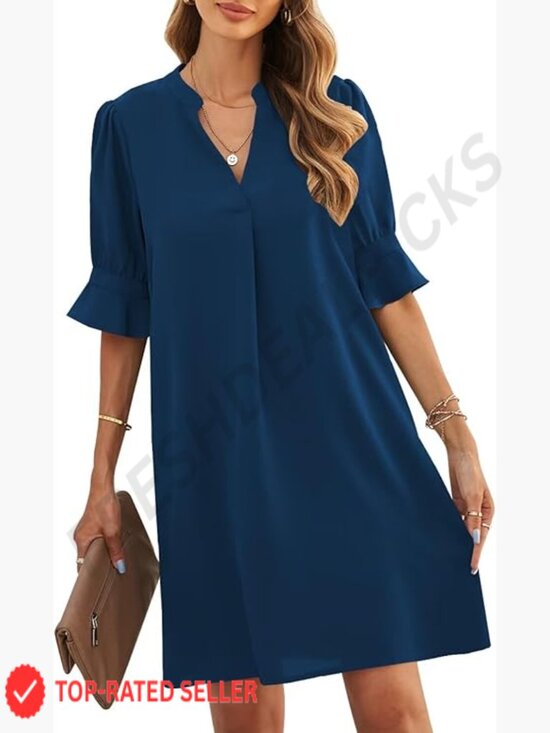 Dresses & Skirts - V-Neck Ruffled Sleeve Shift Dress Lightweight Polyester Casual Summer Chic